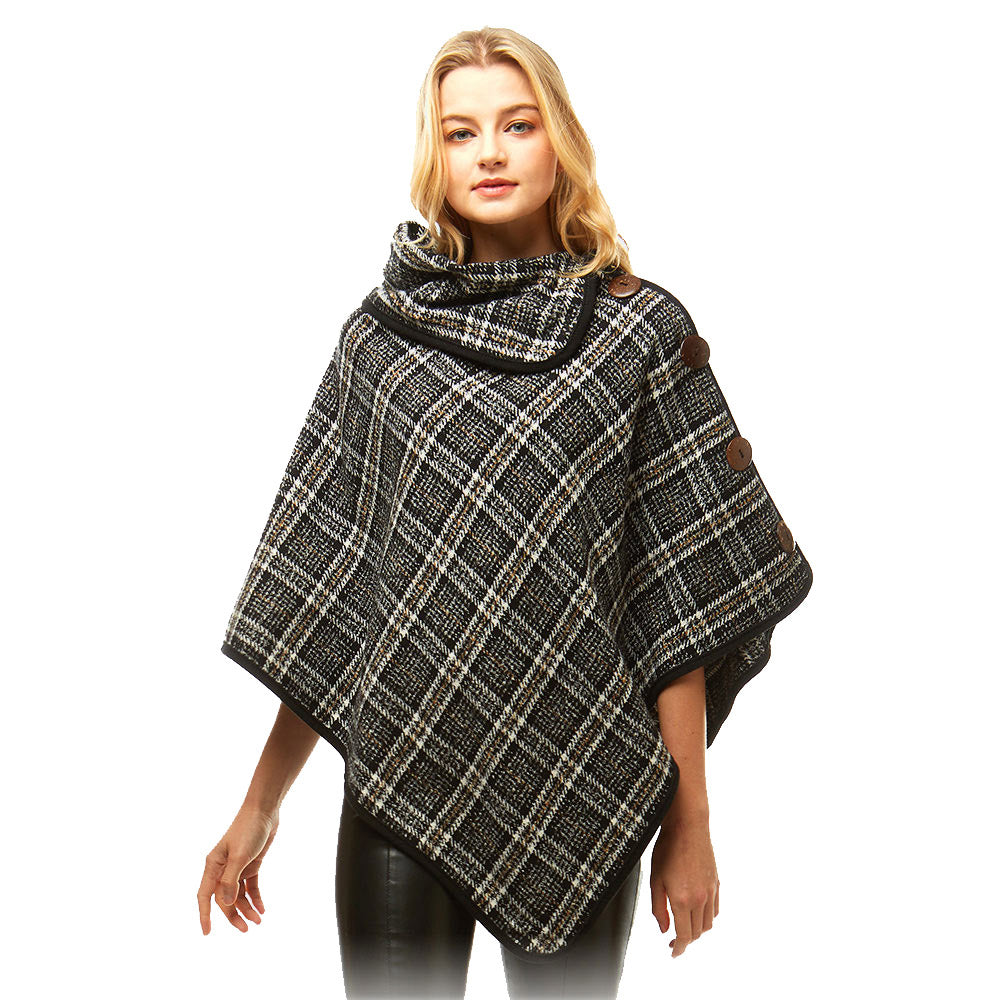 Black Plaid Poncho Winter Poncho Plaid High Neck Buttons Poncho Designer Inspired Poncho Plaid Ruana Sweater
