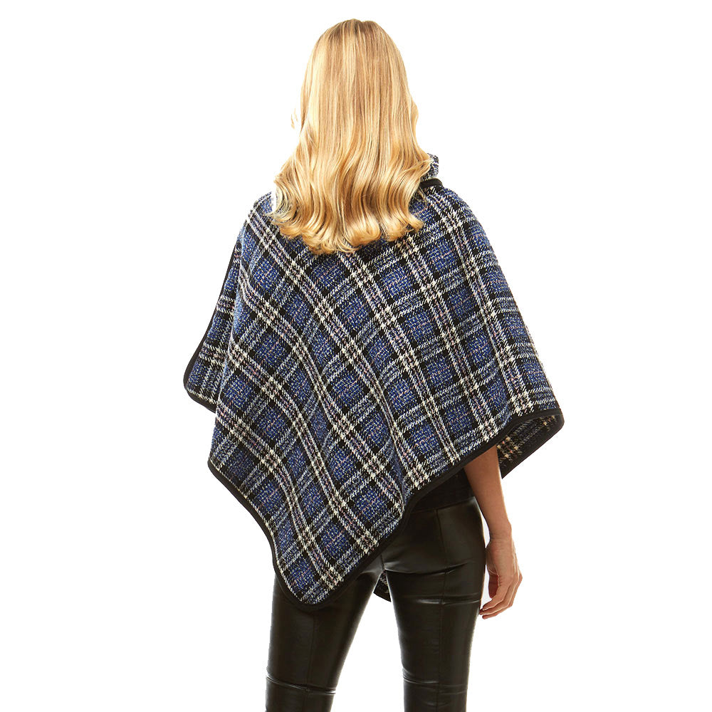 Blue Plaid Poncho Winter Poncho Plaid High Neck Buttons Poncho Designer Inspired Poncho Plaid Ruana Sweater