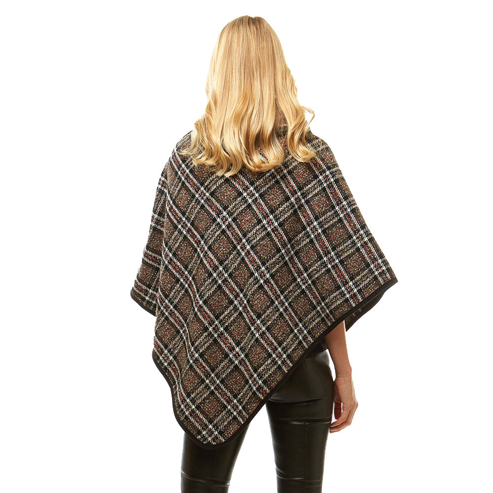 brown Plaid Poncho Winter Poncho Plaid High Neck Buttons Poncho Designer Inspired Poncho Plaid Ruana Sweater