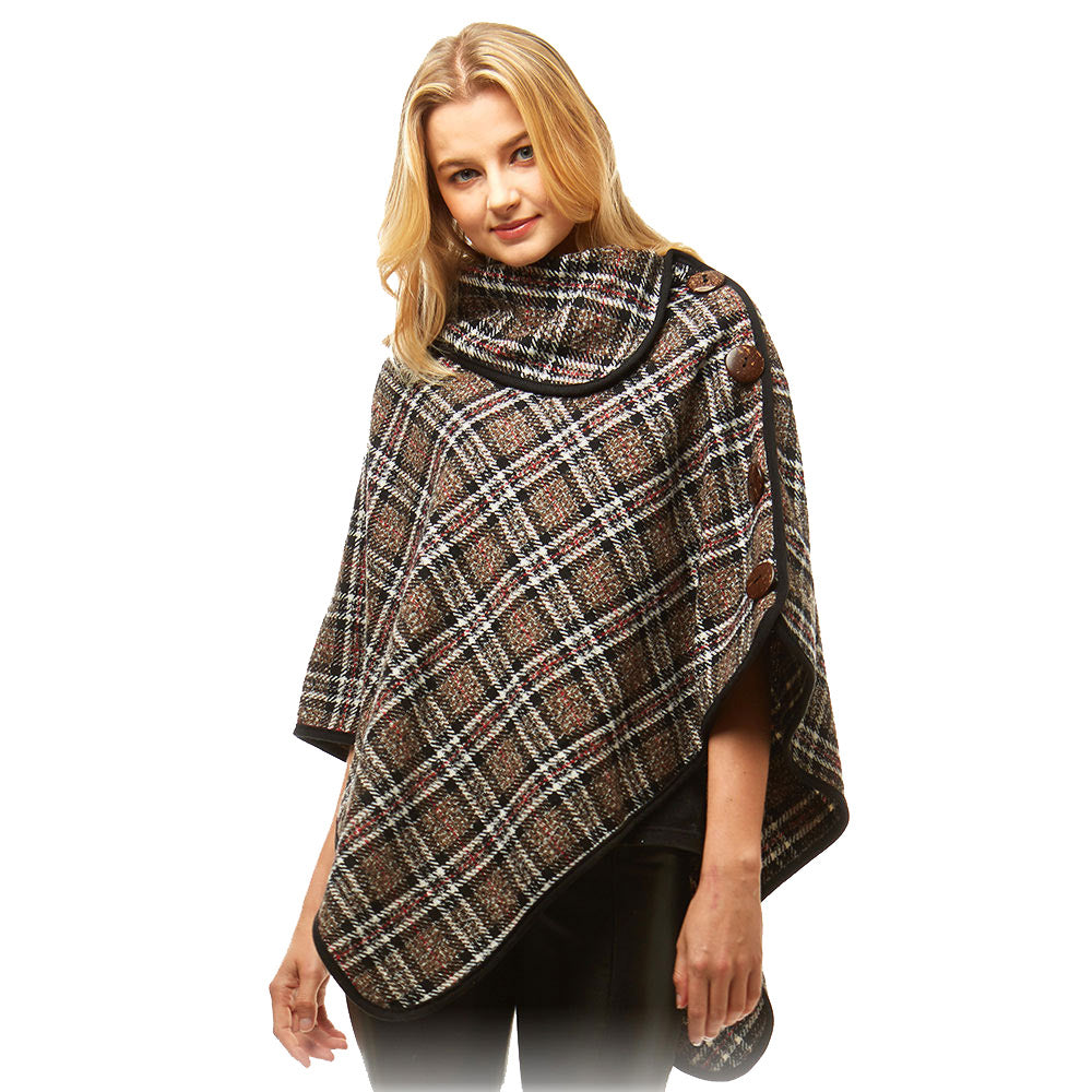 Brown Plaid Poncho Winter Poncho Plaid High Neck Buttons Poncho Designer Inspired Poncho Plaid Ruana Sweater