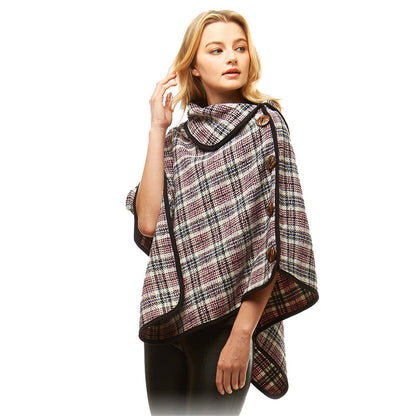 Mauve Plaid Poncho Winter Poncho Plaid High Neck Buttons Poncho Designer Inspired Poncho Plaid Ruana Sweater