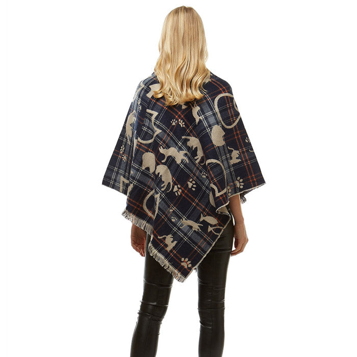 Fun Playing Navy Cats Plaid Poncho Fringe Navy Cat Plaid Ruana Cat Mom Poncho Wrap, ensures your upper body stays perfectly toasty when the temperature drops, gently nestles around the neck, feels so comfortable to wear, eye catcher, will be your favorite accessory. Perfect Gift Cat Lover, Birthday, Christmas, Valentine's Day