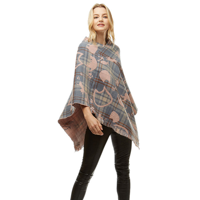 Fun Playing Gray Cats Plaid Poncho Fringe Gray Cat Plaid Ruana Cat Mom Poncho Wrap, ensures your upper body stays perfectly toasty when the temperature drops, gently nestles around the neck, feels so comfortable to wear, eye catcher, will be your favorite accessory. Perfect Gift Cat Lover, Birthday, Christmas, Valentine's Day