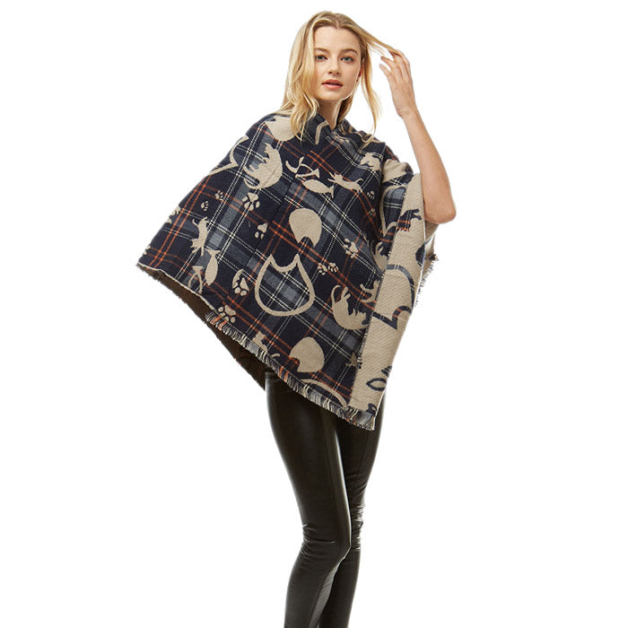 Fun Playing Navy Cats Plaid Poncho Fringe Navy Cat Plaid Ruana Cat Mom Poncho Wrap, ensures your upper body stays perfectly toasty when the temperature drops, gently nestles around the neck, feels so comfortable to wear, eye catcher, will be your favorite accessory. Perfect Gift Cat Lover, Birthday, Christmas, Valentine's Day