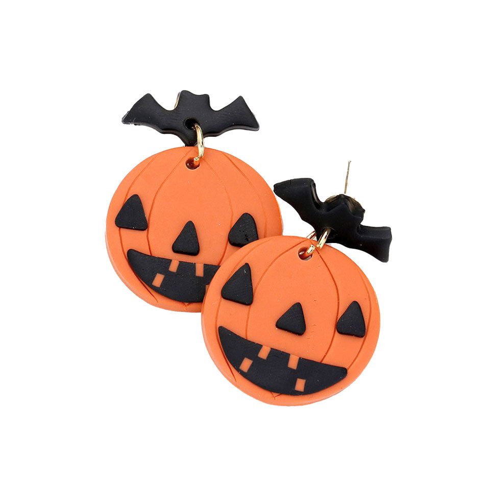 Polymer Clay Halloween Bat Pumpkin Link Post Back Dangle Earrings. Trick or treat? Share the spirit of Halloween with our scary but super adorable Bat Pumpkin Dangle Earrings. These earrings are just the thing you need to boost the spookiness of your costume! Happy Halloween! Let the spooky season begin!
