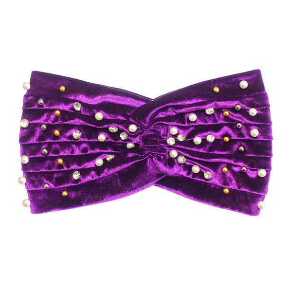 Purple Crystal Pearl Detailed Twisted Velvet Headband. Be ready to receive compliments. Be the ultimate trendsetter wearing this chic headband with all your stylish outfits! you will be protected in the harshest of elements, fit securely around your head against your ears and perfect for cold weather accessory