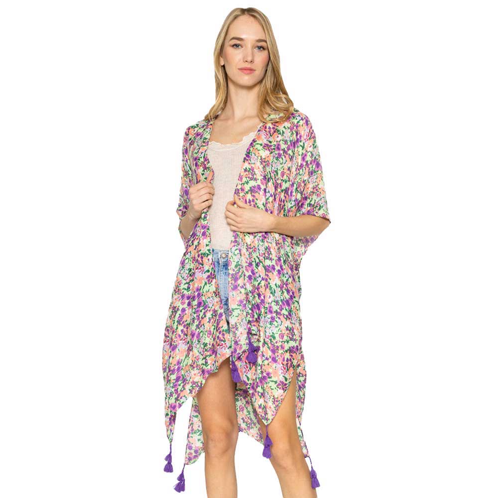 Purple Flower Patterned Cover Up Kimono Poncho. Lightweight and soft brushed fabric exterior fabric that make you feel more comfortable. Great for dating, hanging out, daily wear, vacation, travel, shopping, holiday attire, office, work, outwear, fall, spring or early winter. Perfect Gift for Wife, Mom, Birthday, Holiday, Anniversary, Fun Night Out.