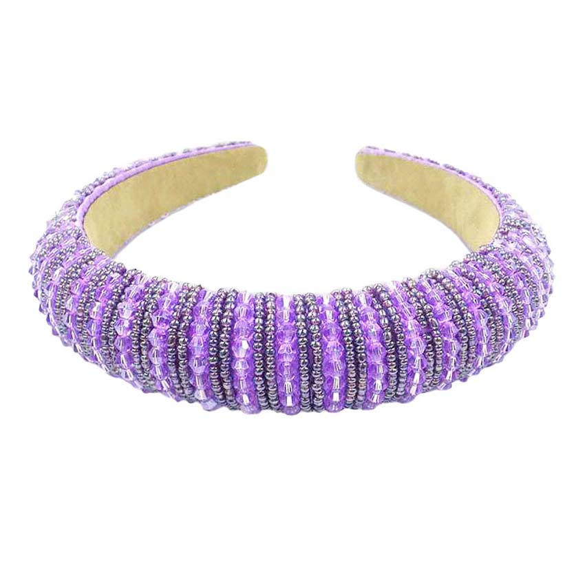 Purple Bicone Beaded Padded Headband, sparkling placed on a wide padded headband making you feel extra glamorous especially when crafted from bicone beaded velvet. Push back your hair with this pretty plush headband, spice up any plain outfit! Be ready to receive compliments. Be the ultimate trendsetter wearing this chic headband with all your stylish outfits!