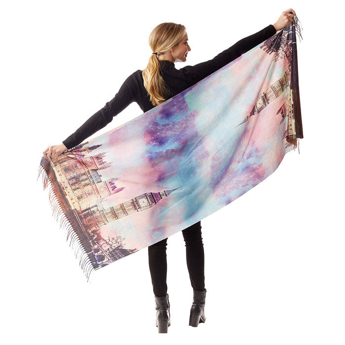 Purple Big Ben Clock Tower Painting Printed Scarf, the perfect accessory, luxurious, trendy, super soft chic capelet, keeps you warm and toasty. You can throw it on over so many pieces elevating any casual outfit! Perfect Gift for Wife, Mom, Birthday, Holiday, Christmas, Anniversary, Fun Night Out