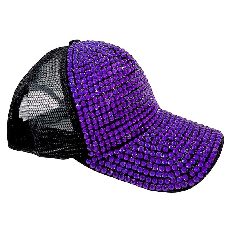 Purple Bling Studded Mesh Back Baseball Cap, Front panel studded and fashionable, back mesh fabric makes it breathable and comfortable. The perfect "Bling" hat to keep you stylish, comfortable and on-the-go gorgeous. Wearing this hat can also make your hair don’t cover your face and eyes, make you safe and more convenient in most outdoor activities. perfect for hiking, camping, and other sports. Ideal for summer, Also suit for hip hop dancing, rock and punk style.