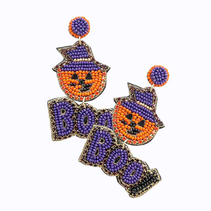 Purple Halloween Boo Message Beaded Dangle Earrings Share the spirit of Halloween with extra Triple Pumpkin Dangle Earrings . These earrings are just the thing you need to complete your Halloween costume! Let the spooky season begin! Happy Halloween!