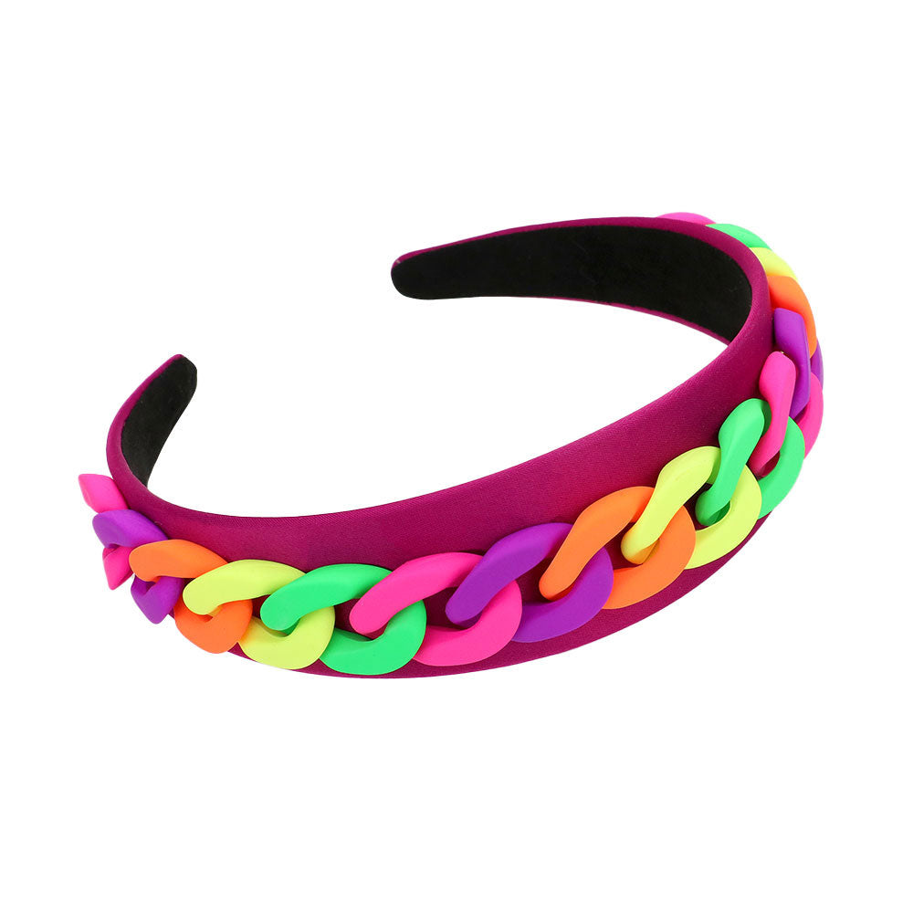 Purple Multi Colored Chain Accented Fabric Headband, these beautiful chain themed headband will make you feel extra glamorous. Push back your hair with this exquisite fabric headband, spice up any plain outfit! Be ready to receive compliments. Be the ultimate trendsetter wearing this chic headband with all your stylish outfits! Exquisite enough to use on your special occasion day.