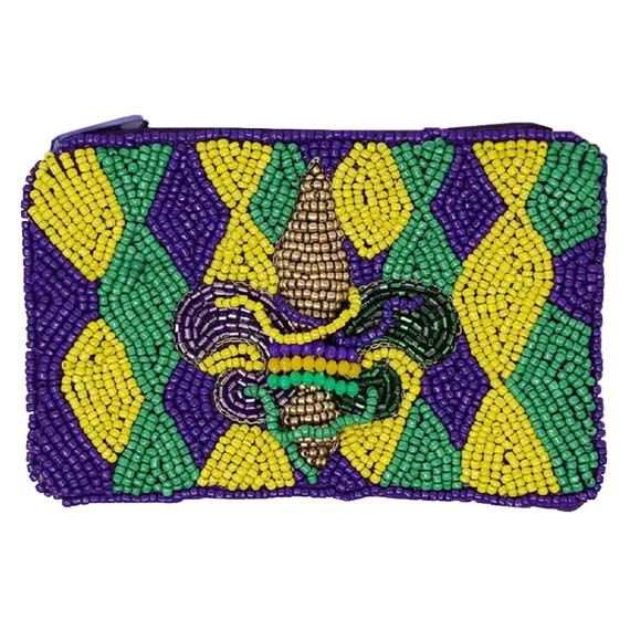 Purple Multi Mardi Gras Fleur De Lis Seed Beaded Coin Purse, This coin purse can match your carnival costume or dress and make you immersed in mardi gras giving off a strong festive atmosphere! Great to carry small handy things or drop them in your bag. Perfect for carrying makeup, money, credit cards, keys or coins, & small handy things. This seed-beaded coin purse features a top zipper closure for security.