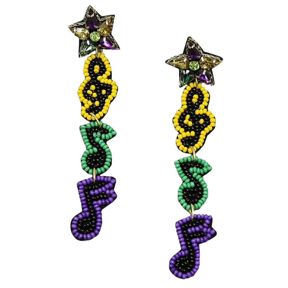 Purple Multi Mardi Gras Music Notes Seed Beaded Earrings, these adorable seed-beaded earrings are a wonderful accessory for making your day and making you stand out everywhere! These playful music notes seed beaded earrings feature the music signs with a mardi gras colors theme. This pair of yellow earrings will be the perfect gift the persons who love music. These earrings are perfect for mardi gras, parties, music time, night parties, concerts, festivals, and carnivals.