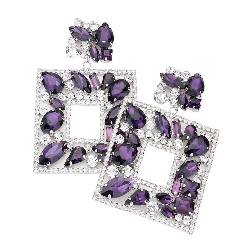 Purple Multi Stone Embellished Square Dangle Evening Earrings, put on a pop of color to complete your ensemble. Beautifully crafted design adds a gorgeous glow to any outfit. Perfect for adding just the right amount of shimmer & shine. Perfect for Birthday Gift, Anniversary Gift, Mother's Day Gift, Graduation Gift.
