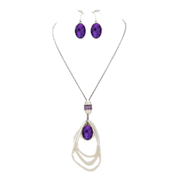 Purple Oval Glass Crystal Triple Abstract Hoop Necklace with earrings set; exquisite beautifully crafted charms add a gorgeous glow to any outfit. Perfect Birthday Gift, Anniversary Gift, Mother's Day Gift, Anniversary Gift, Graduation Gift, Prom Jewelry, Just Because Gift, Thank you Gift, Keepsake Gift, Mom Gift