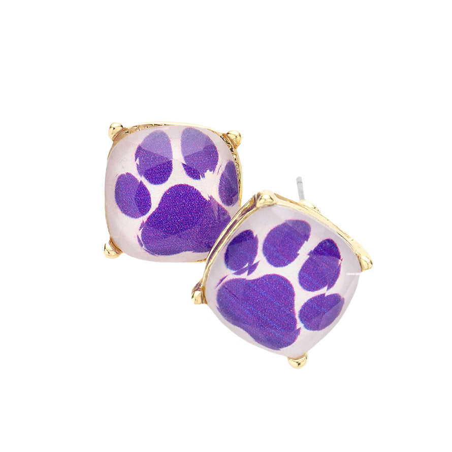 Purple Paw Accented Square Stud Earrings, Animal inspired paw stud earrings fun handcrafted jewelry that fits your lifestyle, adding a pop of pretty color. The beautifully crafted design adds a gorgeous glow to any outfit. Enhance your attire with these vibrant artisanal earrings to show off your fun trendsetting style.