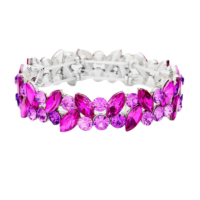 Purple Silver Glass Crystal Marquise Stone Cluster Stretch Bracelet, Get ready with these Rhinestone Coil Bracelet, put on a pop of color to complete your ensemble. Perfect for adding just the right amount of shimmer & shine and a touch of class to special events. Perfect Birthday Gift, Anniversary Gift, Mother's Day Gift.
