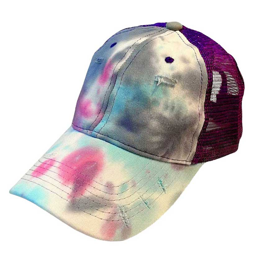 Purple Tie Dye Mesh Back Vintage Baseball Cap. This adorable and classic vintage baseball cap combines both colorful styles to turn your head and comfort for your all-day wear. perfect to keep your hair away from you face while exercising, running, playing tennis or just taking a walk outside. Adjustable Velcro strap gives you the perfect fit.