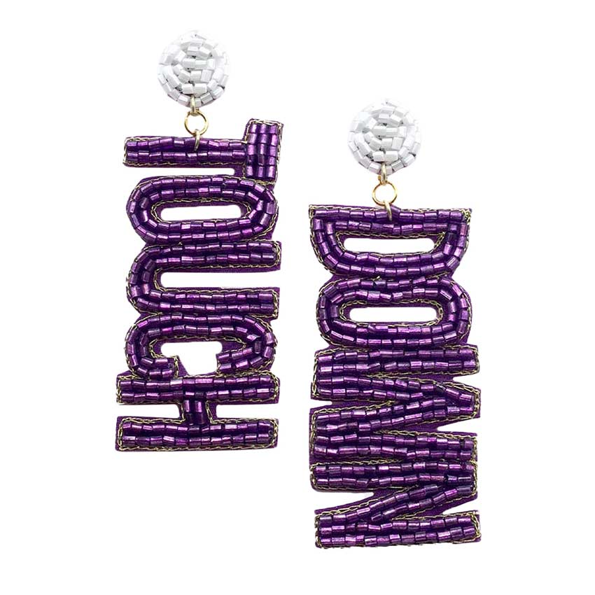 Purple White Felt Back Touch Down Message Beaded Dangle Earrings. Gift someone or yourself these ultra-chic earrings, they will take your look up a notch, these sports themed earrings versatile enough for wearing straight through the week, coordinate with any ensemble from business casual to wear, the perfect addition to every outfit. Perfect jewelry gift to expand a woman's fashion wardrobe with a modern, on trend style.
