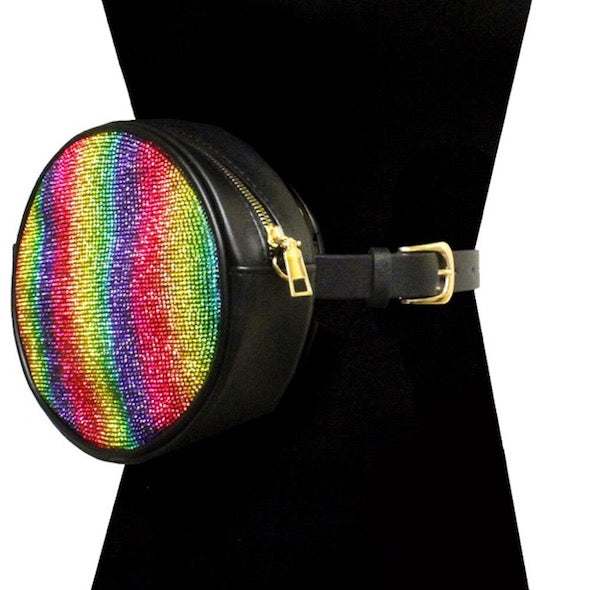 Rainbow Rhinestone Pave Bling Round Clutch Crossbody Chain Belt Bag Fanny Pack, look like the ultimate fashionista when carrying this small chic bag, great for when you need something small to carry or drop in the bag. Perfect Birthday Gift, Valentine's Day Gift, Anniversary Gift, Love You Gift, Mother's Day Gift, Thank you Gift