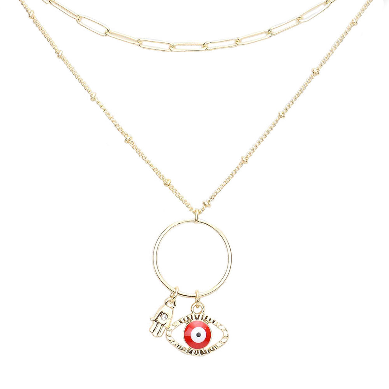 Red Open Metal Circle Hamsa Hand Evil Eye Link Pendant Double Layered Necklace, Get ready with these Pendant Double Layered, put on a pop of color to complete your ensemble. Perfect for adding just the right amount of shimmer & shine . Perfect Birthday Gift, Anniversary Gift, Mother's Day Gift, Graduation Gift.