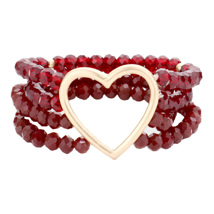 Red Open Metal Heart Accented Multi Layered Faceted Beaded Stretch Bracelet. Beautifully crafted design adds a gorgeous glow to any outfit. Jewelry that fits your lifestyle! Perfect Birthday Gift, Anniversary Gift, Mother's Day Gift, Anniversary Gift, Graduation Gift, Prom Jewelry, Just Because Gift, Thank you Gift.