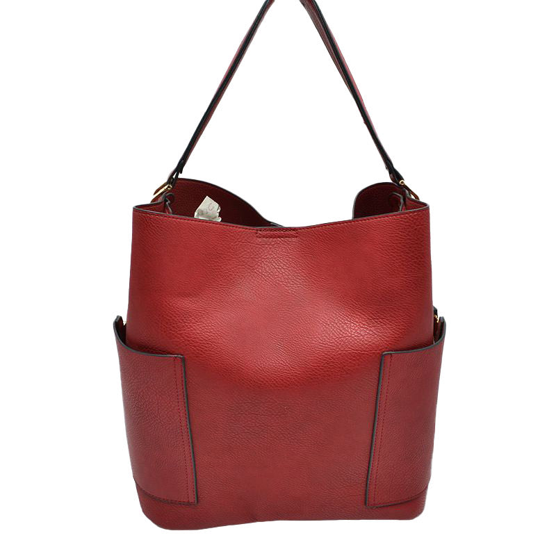 Red 2in1 Chic Satchel Side Pocket With Long Strap Bucket Bag, This casual crossbody bucket bag is super soft Vegan leather and has convenient side pockets to carry water bottles, phones, or glasses and a removable zipper pouch. Gold hardware. Extra bag inside and strap to make it a crossbody. Perfect for carrying around your stuff, this bag is big enough for all your daily essentials. 