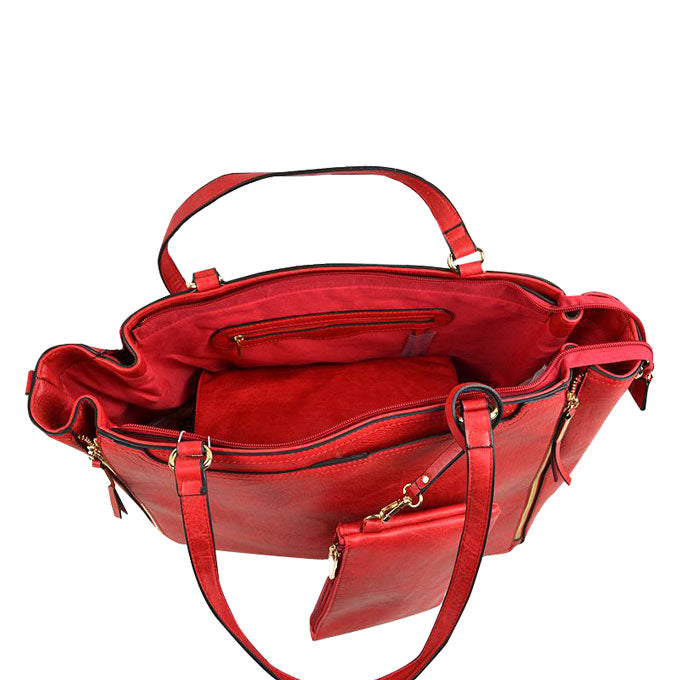 Red 3 in 1 Side Zipper Women's Handbag set. Ideal for parties, events, holidays, pair these handbags with any ensemble for a polished look. Versatile enough for using straight through the week, perfect for carrying around all-day. Great Birthday Gift, Anniversary Gift, Mother's Day Gift, Graduation Gift, Valentine's Day Gift. Wear as a crossbody, shoulder bag, or hand carry for your favorite look. 