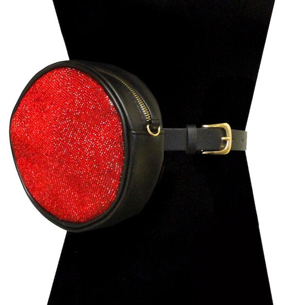 Red Rhinestone Pave Bling Round Clutch Crossbody Chain Belt Bag Fanny Pack, look like the ultimate fashionista when carrying this small chic bag, great for when you need something small to carry or drop in the bag. Perfect Birthday Gift, Valentine's Day Gift, Anniversary Gift, Love You Gift, Mother's Day Gift, Thank you Gift