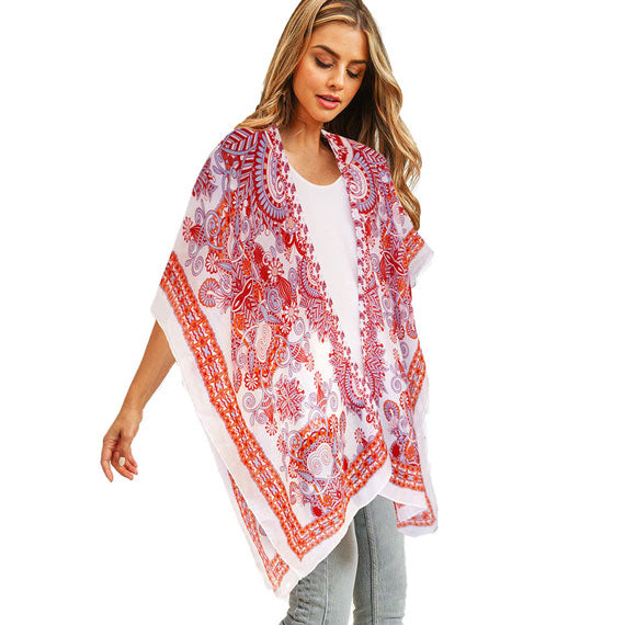 Red Bohemian Patterned Cover Up Kimono Poncho, The lightweight poncho top is made of soft and breathable Polyester material. short sleeve swimsuit cover up with open front design, simple basic style, easy to put on and down. Perfect Gift for Wife, Mom, Birthday, Holiday, Anniversary, Fun Night Out.
