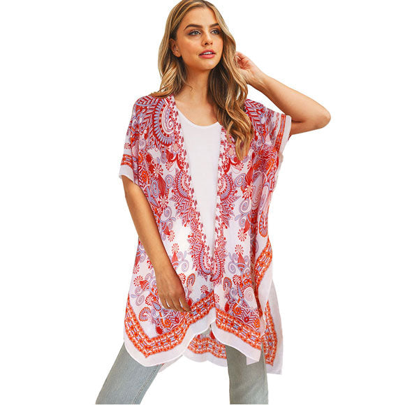 Red Bohemian Patterned Cover Up Kimono Poncho, The lightweight poncho top is made of soft and breathable Polyester material. short sleeve swimsuit cover up with open front design, simple basic style, easy to put on and down. Perfect Gift for Wife, Mom, Birthday, Holiday, Anniversary, Fun Night Out.