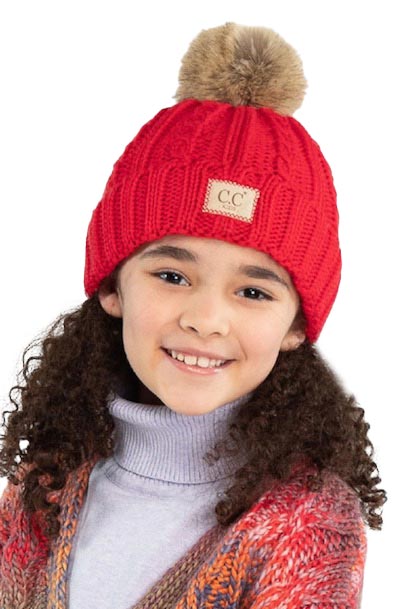 Red Kids Cable Ribbed Beanie With Natural Plush Faux Fur Pom Pom Beanie Warm Hat Faux Fur Pom Pom Beanie Fluffy Pom Pom Hat Winter Hat; before running out the door into the cool air, you’ll want to reach for this toasty beanie to keep your child incredibly warm. Accessorize the fun way with this faux fur pom pom hat, it's the autumnal touch you need to finish your outfit in style. Awesome winter gift accessory! Perfect Gift Birthday, Christmas