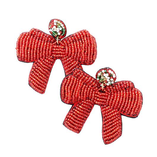 Red Christmas Post Back Seed Bead Bow Dangle Earrings. Get ready with these bright post back earrings, put on a pop of color to complete your ensemble. Perfect for adding just the right amount of shimmer & shine and a touch of class to special events. Perfect Birthday Gift, Anniversary Gift, Mother's Day Gift.
