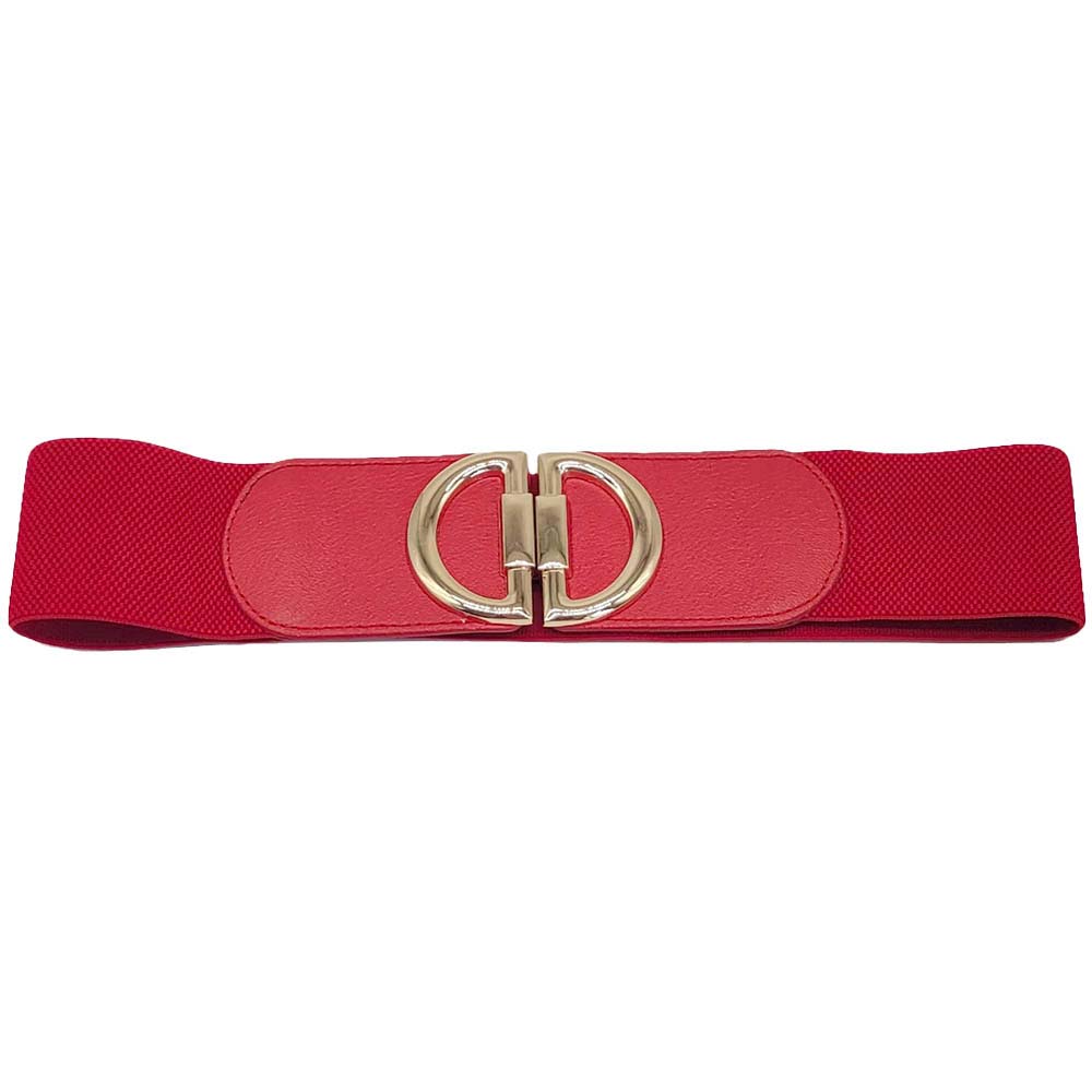 Red Double Half Open Circle Buckle Stretch Belt, Double half open circle buckle is a great stretchable belt with excellent durable lather for ladies. The belt buckle is made from solid metal. Quality leather feels soft and comfortable. It also looks fashionable with casual outfits. This double half-open circle design leather belt is a good match for a blouse, dress, skirt, jeans, or sweater. Casual yet classic half-open circle clasp which makes it super easy to use & keeps the full design!