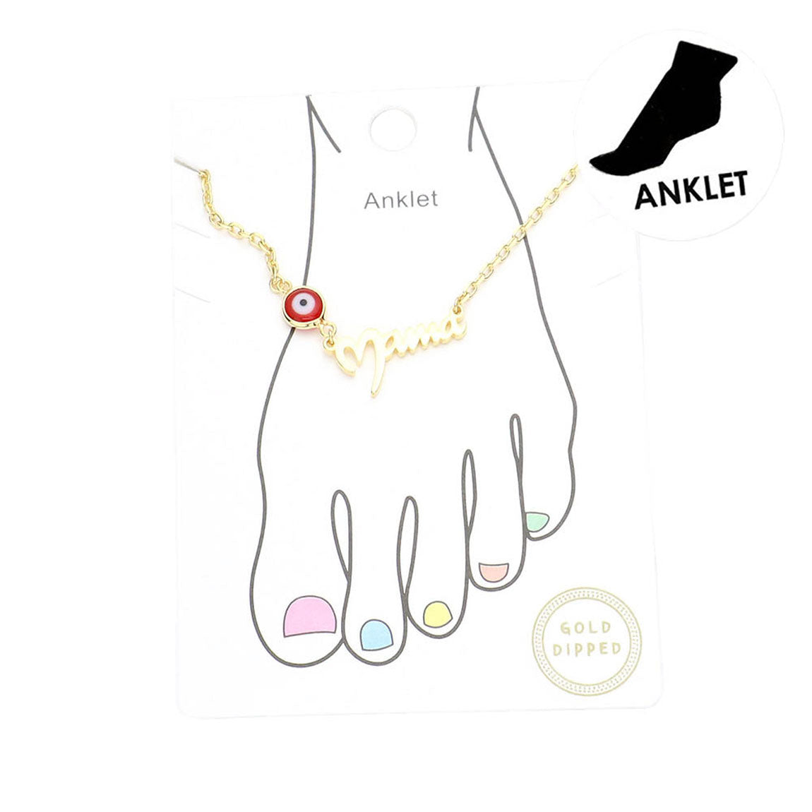 Red Evil Eye Pointed Gold Dipped Mama Metal Message Charm Anklet. Add lots of fun to your ankles & show off a pretty pedi in this glam anklet. Anklet message adds a sweet finishing touch making it the ultimate accessory for bare legs and beach days. Pack it for your next getaway and pair it with sandals, heels and more. Perfect gift ideas for your friends, Birthday gift, Anniversary, Getaway, Vacation, just for fun.