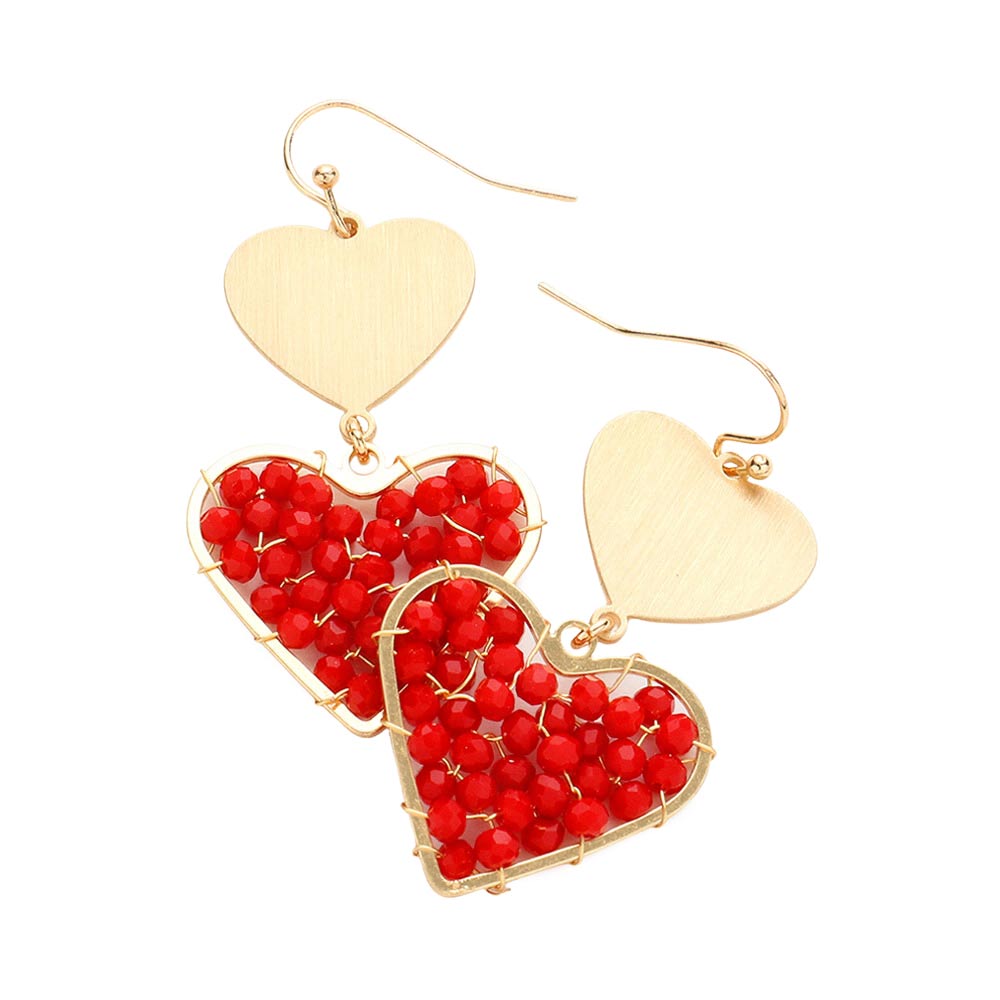 Red Faceted Bead Wrapped Heart Link Dangle Earrings, take your love for statement accessorizing to a new level of affection with these bead heart earrings. Accent all of your dresses with the extra fun vibrant color with these heart-themed earrings. Wear these lovely earrings to make you stand out from the crowd at parties, outings, birthdays, proms, etc.