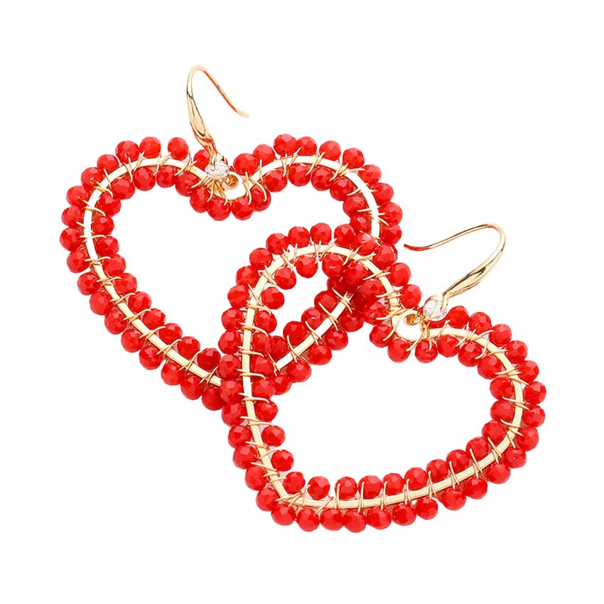Red Faceted Bead Wrapped Open Heart Dangle Earrings, take your love for statement accessorizing to a new level of affection with these bead heart earrings. Accent all of your dresses with the extra fun vibrant color with these heart-themed earrings.