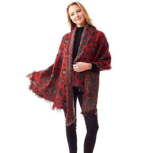 Red Fall Winter Leopard Patterned Spangled Shawl, the perfect accessory, luxurious, trendy, super soft chic capelet, keeps you warm and toasty. You can throw it on over so many pieces elevating any casual outfit! Perfect Gift for Wife, Mom, Birthday, Holiday, Christmas, Anniversary, Fun Night Out