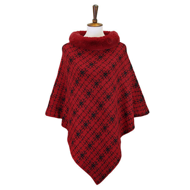 Red Fall Winter Patterned Faux Fur Collar Poncho, the perfect accessory, luxurious, trendy, super soft chic capelet, keeps you warm and toasty. You can throw it on over so many pieces elevating any casual outfit! Perfect Gift for Wife, Mom, Birthday, Holiday, Christmas, Anniversary, Fun Night Out