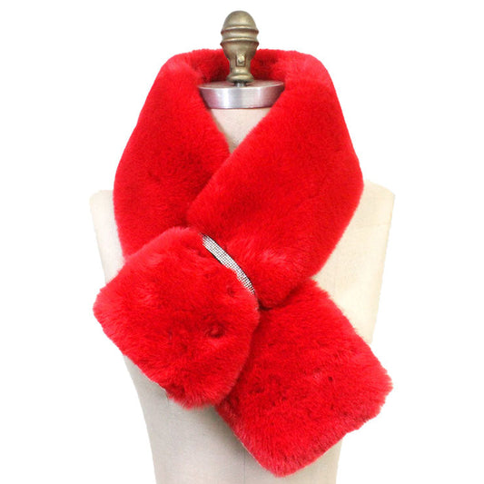 Red Faux Fur Bling Pull Through Scarf, delicate, warm, on trend & fabulous, a luxe addition to any cold-weather ensemble. Great for daily wear in the cold winter to protect you against chill, classic infinity-style scarf & amps up the glamour with plush material that feels amazing snuggled up against your cheeks.