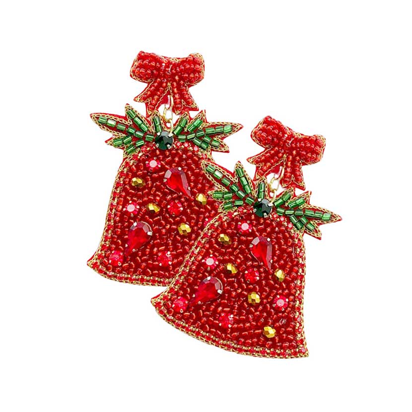 Red Felt Back Beaded Christmas Bell Dangle Earrings. Get into the Christmas spirit with our gorgeous handcrafted Christmas earrings, they will dangle on your earlobes & bring a smile to those who look at you. Perfect Gift for Birthdays, Christmas, Stocking Stuffers, Secret Santa, BFF, etc.