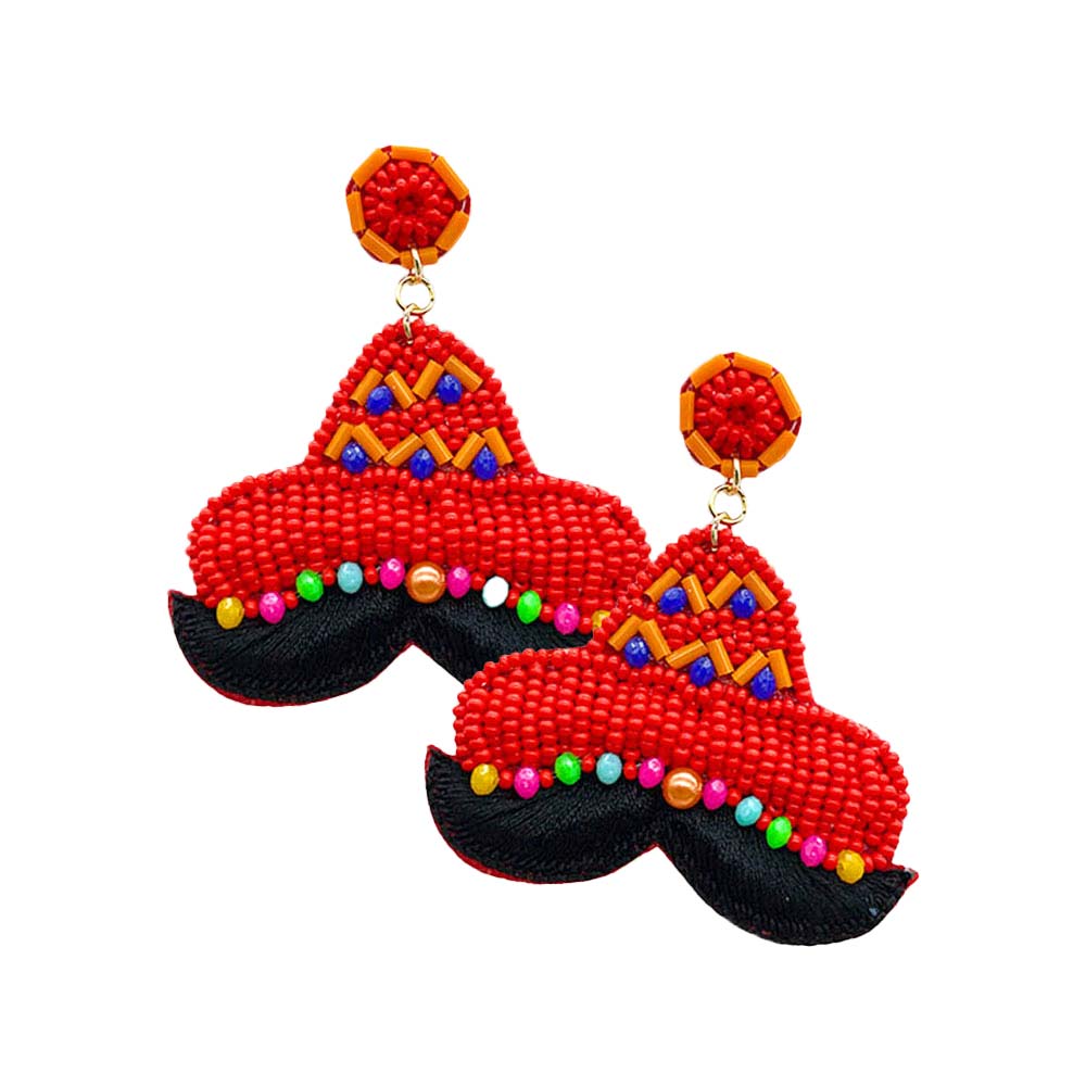 Red Felt Back Seed Beaded Hat Mustache Dangle Earrings, enhance your attire with these beautiful beaded hat mustache dangle earrings to show off your fun trendsetting style at Cinco De Mayo. Get a pair as a gift to express your love for your mom, daughter, or sister just for you on Cinco De Mayo, Anniversary, Holiday, etc.