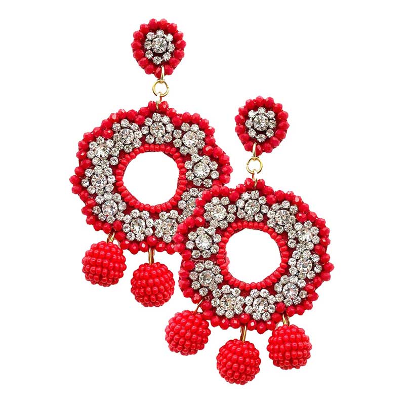 Red Felt Back Stone Embellished Beaded Ball Link Dangle Earring, versatile enough for wearing straight through the week, perfectly lightweight for all-day wear, coordinate with any ensemble from business casual to everyday wear, the perfect addition to every outfit. Adds a touch of nature-inspired beauty to your look. Wear this earring to a wedding, an engagement, a prom, or any other occasion where you wish to appear more charming.