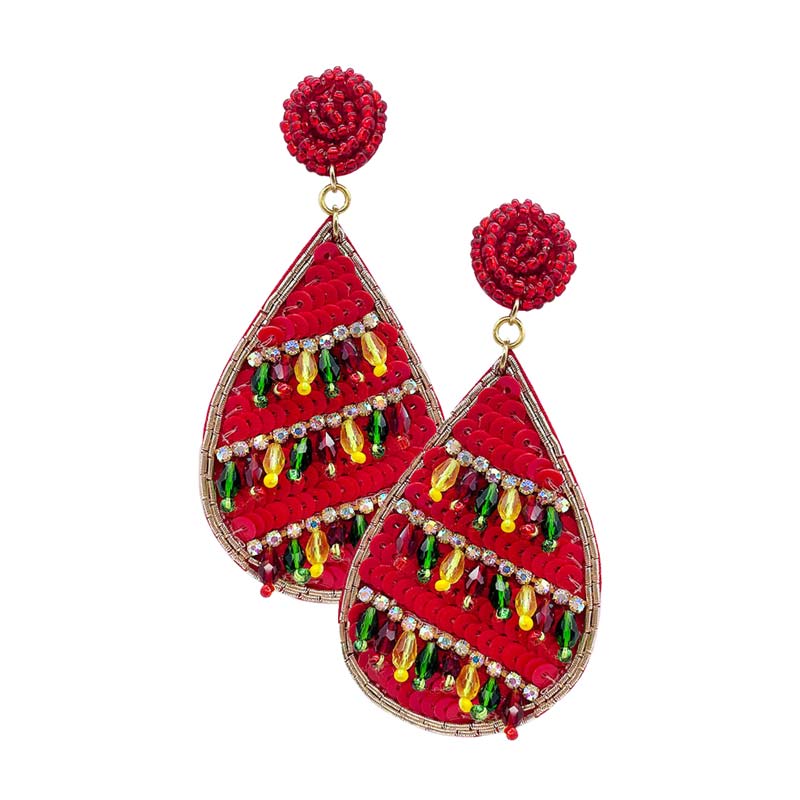 Red Felt Back Teardrop Sequin Beaded Dangle Earrings, perfect for the festive season especially Christmas to make your moments awesome. Well this set of beautiful beaded felt earrings are guaranteed to bedazzle any look. A fun statement accessory can tie any look together—pair with a hair scarf and sunglasses and you'll be very stylish! Perfect Gift idea for Birthdays, Christmas, Stocking Stuffers, Secret Santa, BFF, etc. Enjoy Christmas with absolute joy!