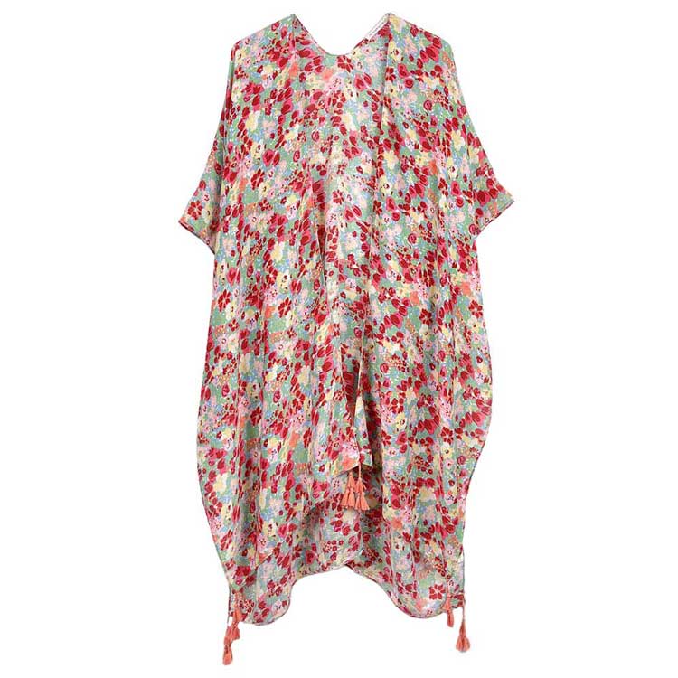 Red Flower Patterned Cover Up Kimono Poncho. Lightweight and soft brushed fabric exterior fabric that make you feel more comfortable. Great for dating, hanging out, daily wear, vacation, travel, shopping, holiday attire, office, work, outwear, fall, spring or early winter. Perfect Gift for Wife, Mom, Birthday, Holiday, Anniversary, Fun Night Out.