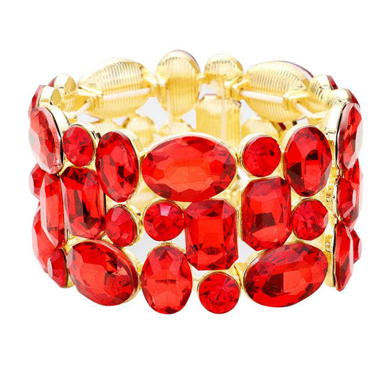 Red Glass Crystal Stretch Evening Bracelet. This Evening Bracelet sparkles all around with it's surrounding round stones, stylish evening bracelet that is easy to put on, take off and comfortable to wear. It looks stylish and is just the right touch to set off your dress. Suitable for Night Out, Party, Formal, Special Occasion, Date Night, Prom.