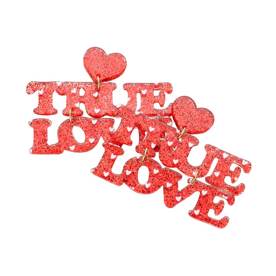 Red Glittered Heart TRUE LOVE Message Link Dangle Earrings, take your love for statement accessorizing to a new level of affection with these heart TRUE LOVE Message dangle earrings.  Accent all of your dresses with the extra fun vibrant color with these heart-dangle earrings. Wear these gorgeous earrings to make you stand out from the crowd & show your trendy choice this valentine's. 