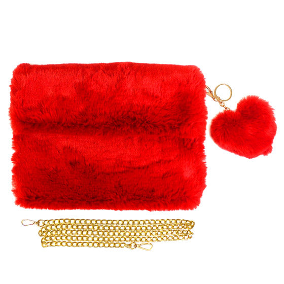 Red Faux Fur crossbody bag The must have statement look, adds a chic, trendy touch to your ensemble. This versatile clutch bag has detachable gold chain shoulder strap so you can switch up the style to suit your outfit. Perfect Birthday Gift, Valentine's Day Gift, Mother's Day Gift, Anniversary Gift, Ideal for wedding, Sweet 16, Quinceañera