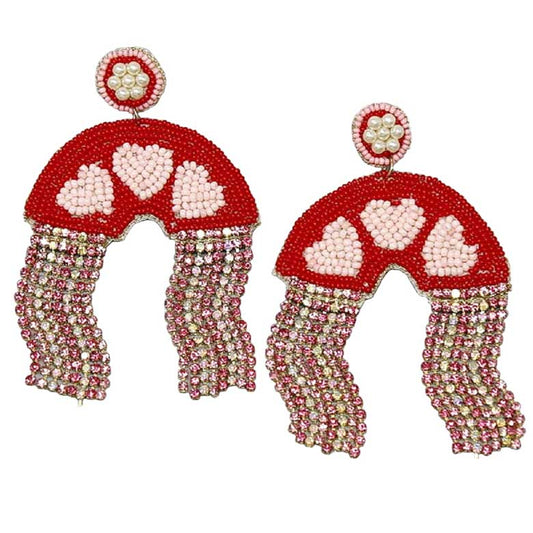 Red Heart Rainbow With Rhinestone Fringe Seed Bead Earrings, Take your love for statement accessorizing to a new level of affection with these beaded fringe rainbow earrings. Accent all of your dresses with the extra fun vibrant color with these rainbow earrings. Wear these lovely earrings to make you stand out from the crowd & show your trendy choice this valentine.